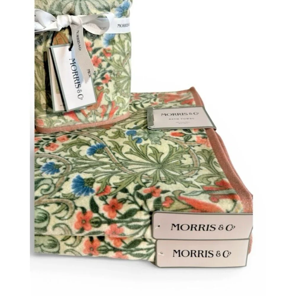 Morris & Co Woodland Weeds 2 Bath and 2 Hand Towels Plush Green Peach Set of 4